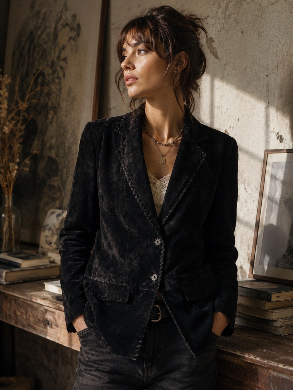 Vintage Lord & Taylor Black Suede Leather Blazer 8P Whipstitch Western 90s